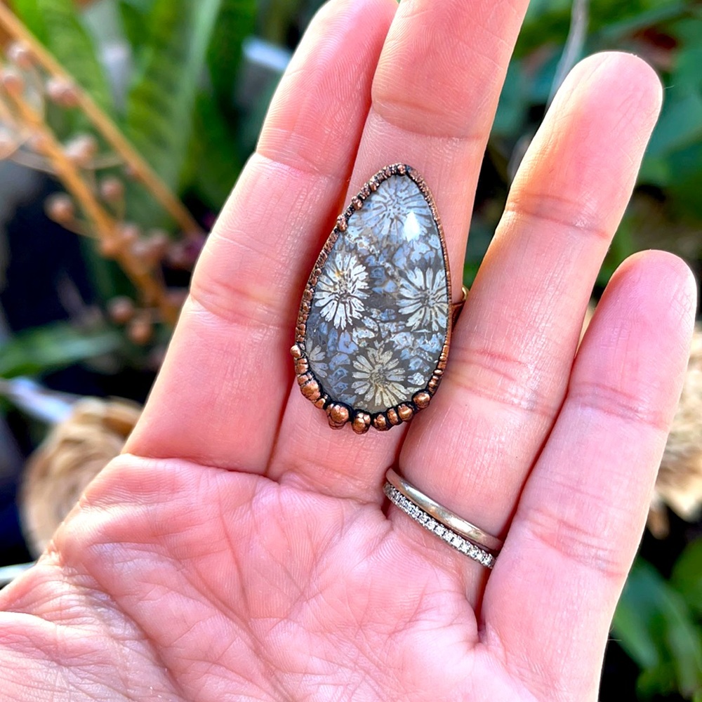 Fossilized Coral Set in Copper Ring